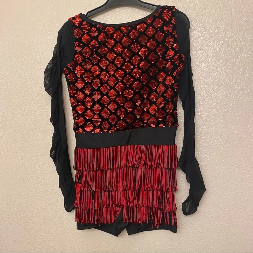 Weissman Dance costume leotard red sequin flapper fringe 11475 LC-large child